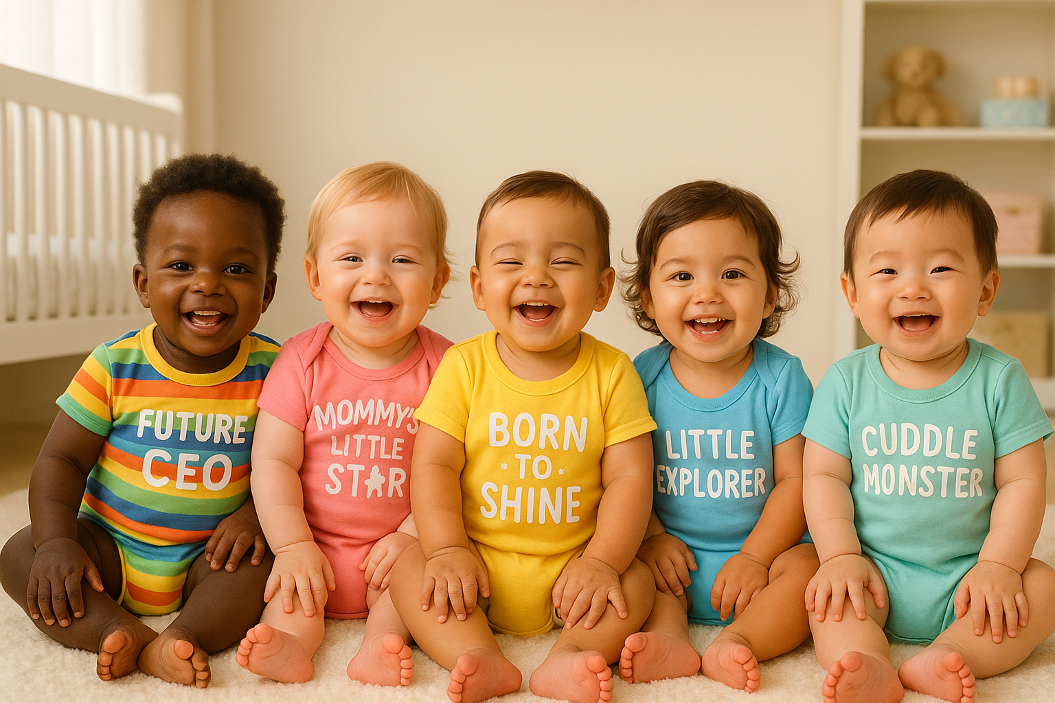 Create an image of a group of multi-racial babies. Make them each 1 years old and smiling. Please have all the babies wearing multi-color Onesies with slogans on them.